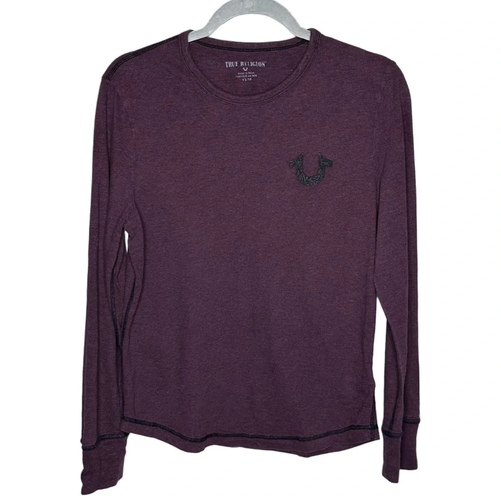 True‎ Religion Men’s Neck Shoestring Long Sleeve Crew Neck T-Shirt Maroon Sz XS